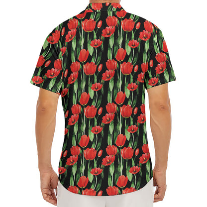 Red Watercolor Tulip Pattern Print Men's Deep V-Neck Shirt