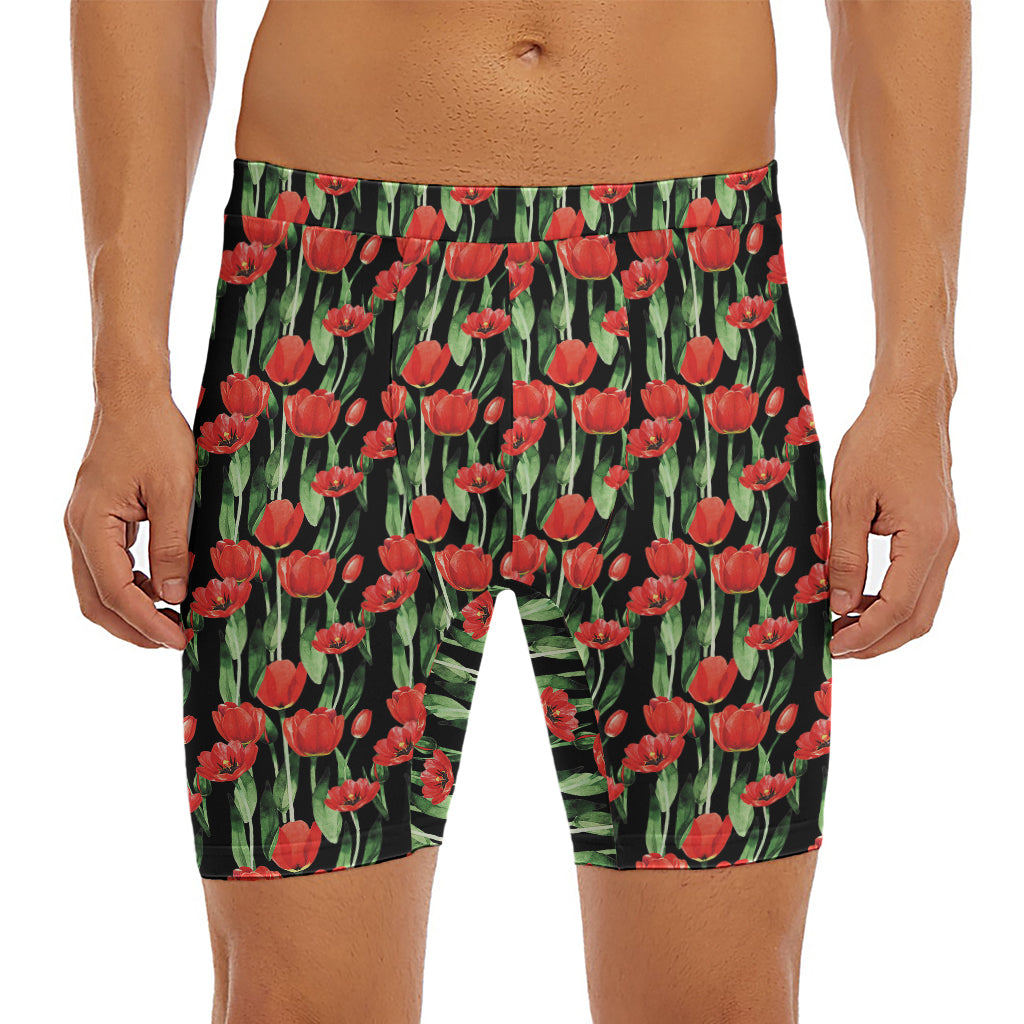 Red Watercolor Tulip Pattern Print Men's Long Boxer Briefs