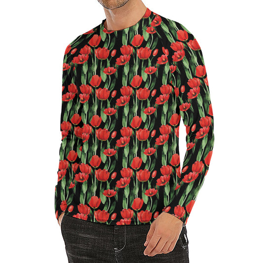 Red Watercolor Tulip Pattern Print Men's Long Sleeve Rash Guard