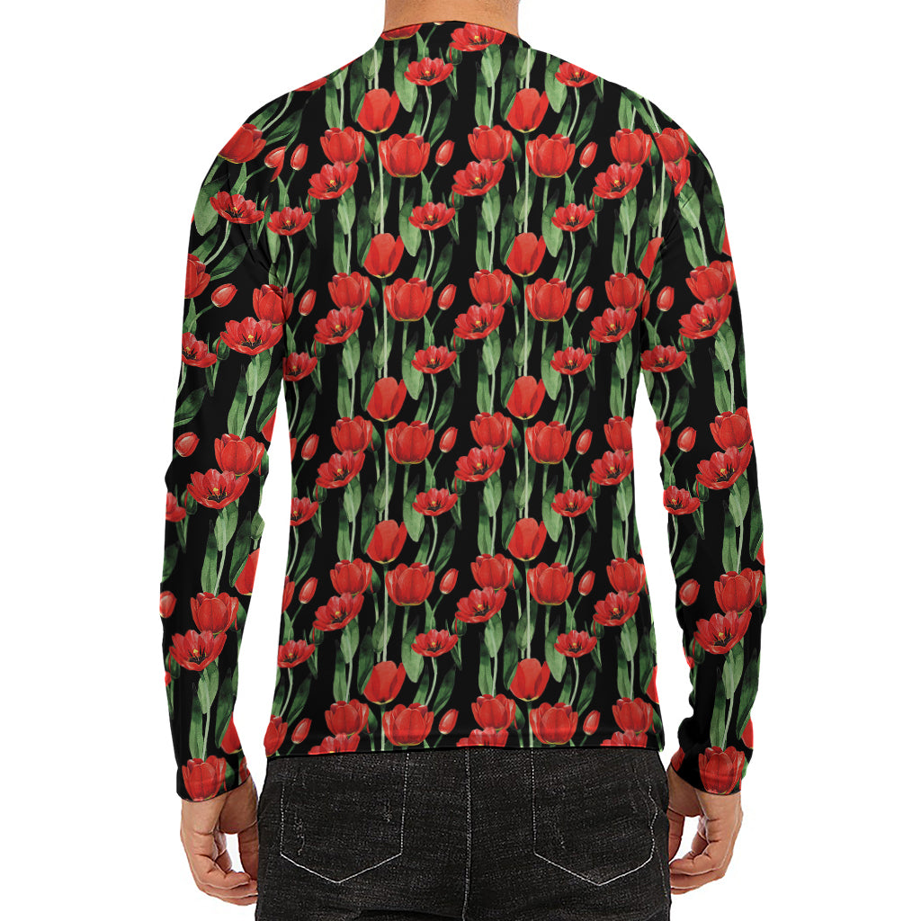 Red Watercolor Tulip Pattern Print Men's Long Sleeve Rash Guard