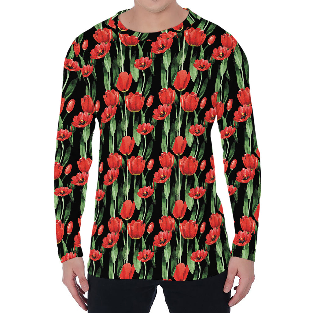 Red Watercolor Tulip Pattern Print Men's Long Sleeve T-Shirt