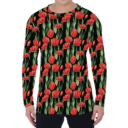 Red Watercolor Tulip Pattern Print Men's Long Sleeve T-Shirt