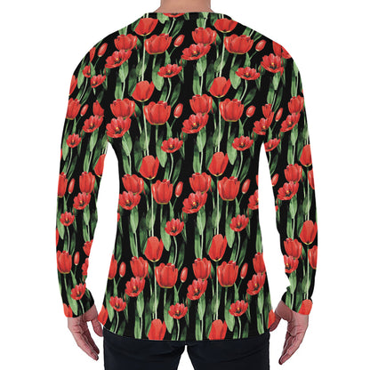 Red Watercolor Tulip Pattern Print Men's Long Sleeve T-Shirt
