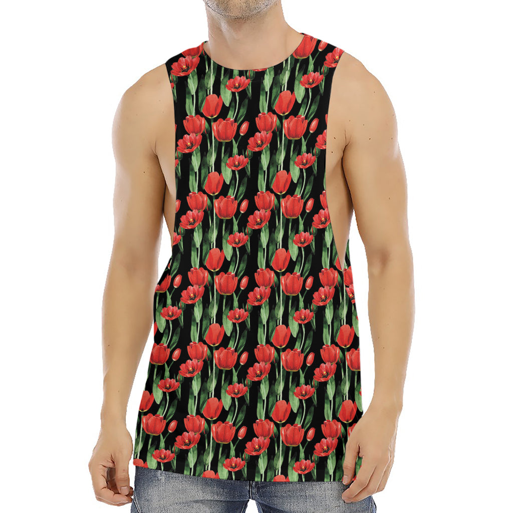Red Watercolor Tulip Pattern Print Men's Muscle Tank Top