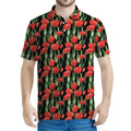 Red Watercolor Tulip Pattern Print Men's Polo Shirt