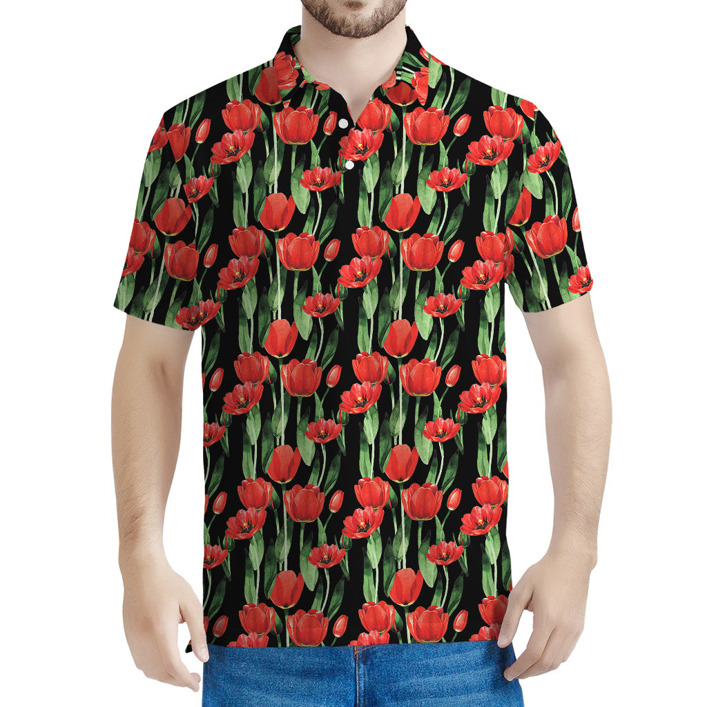 Red Watercolor Tulip Pattern Print Men's Polo Shirt