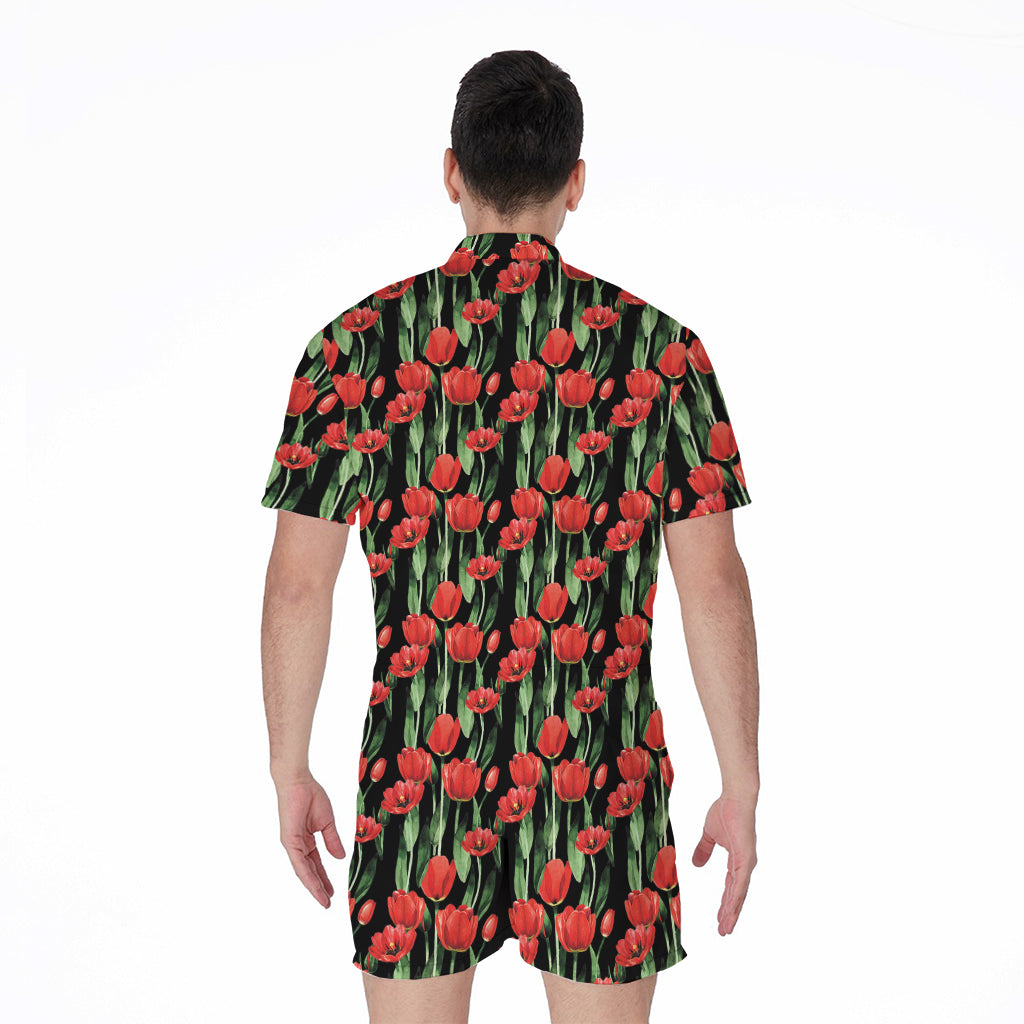 Red Watercolor Tulip Pattern Print Men's Rompers