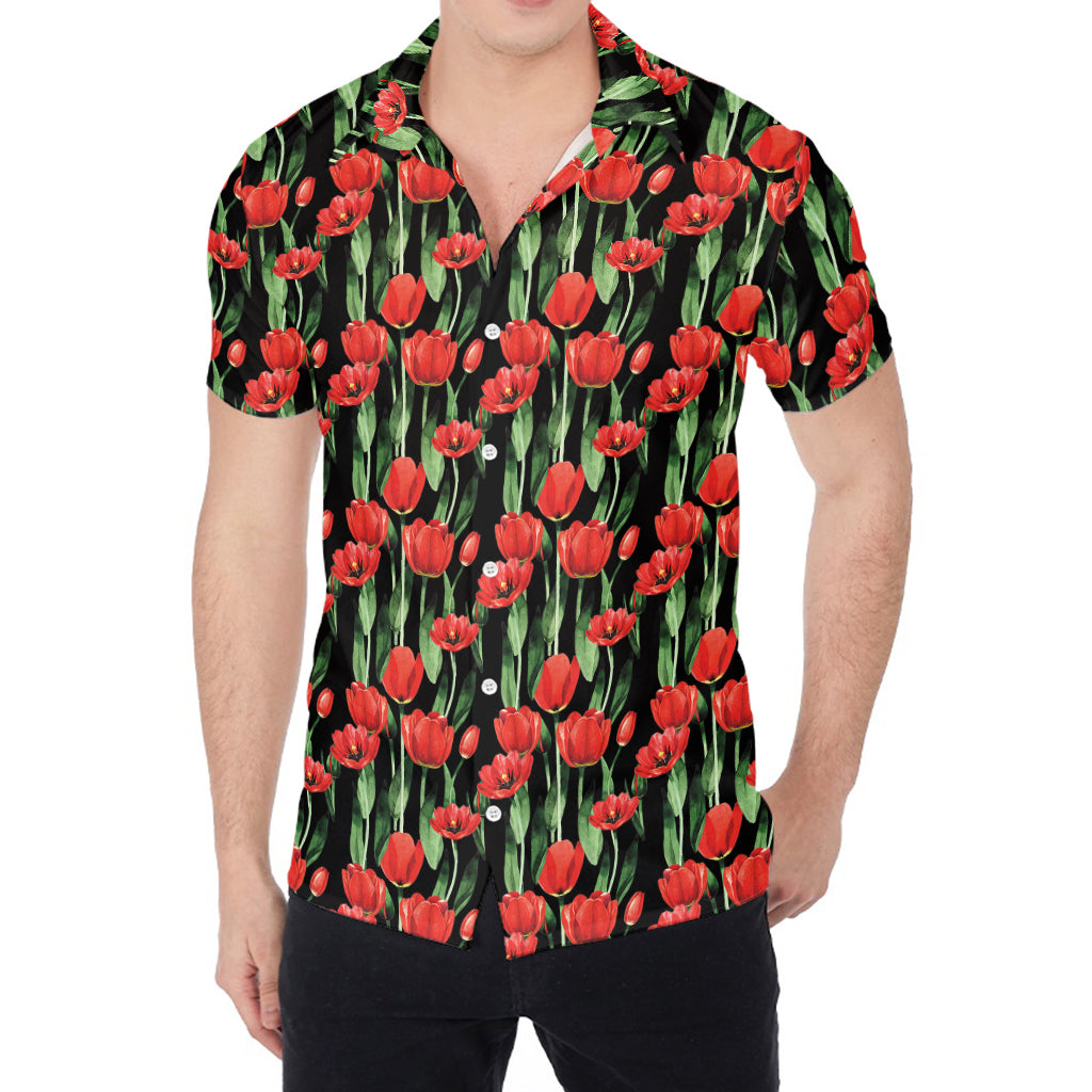 Red Watercolor Tulip Pattern Print Men's Shirt