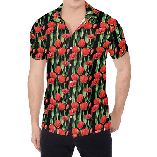Red Watercolor Tulip Pattern Print Men's Shirt