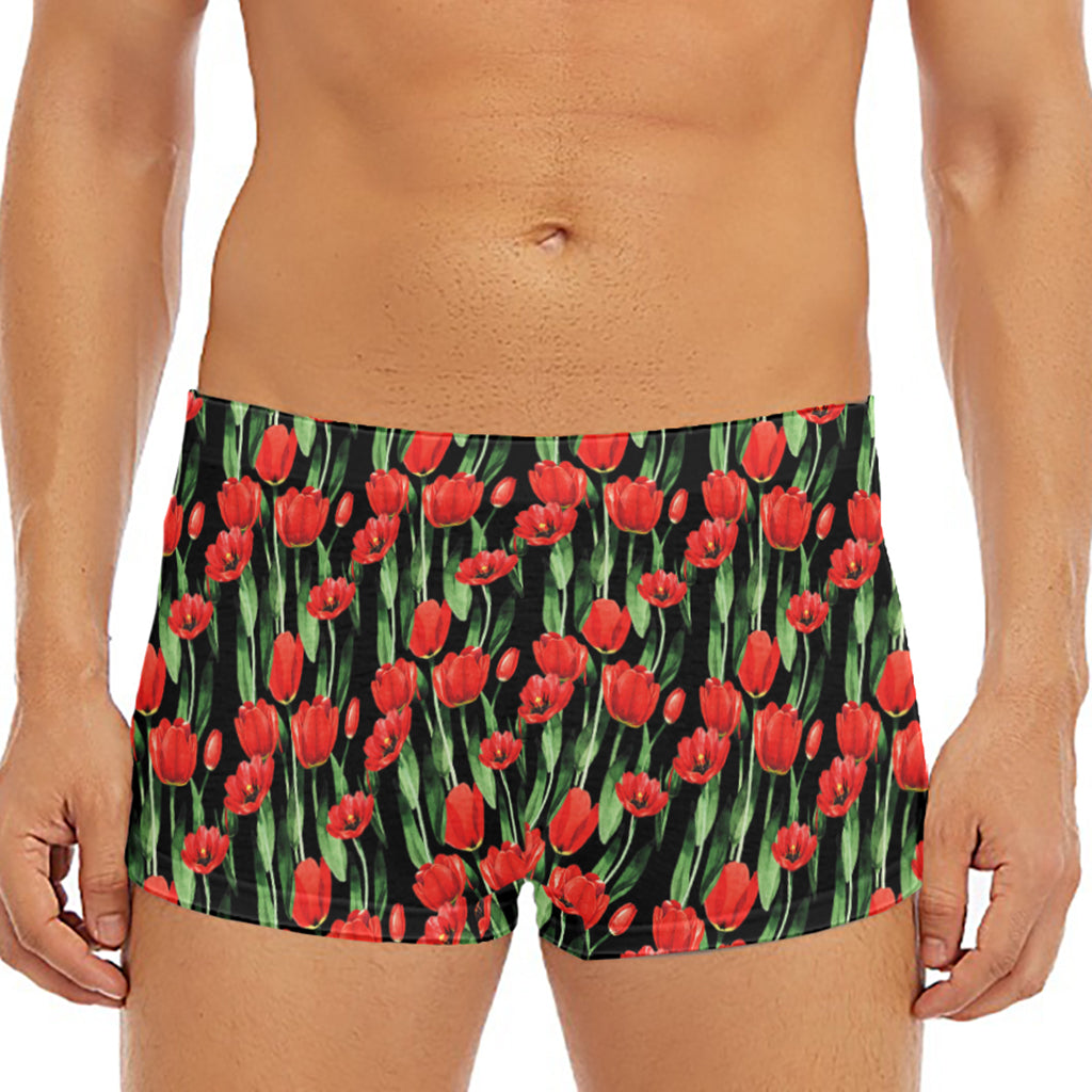 Red Watercolor Tulip Pattern Print Men's Short Boxer Briefs
