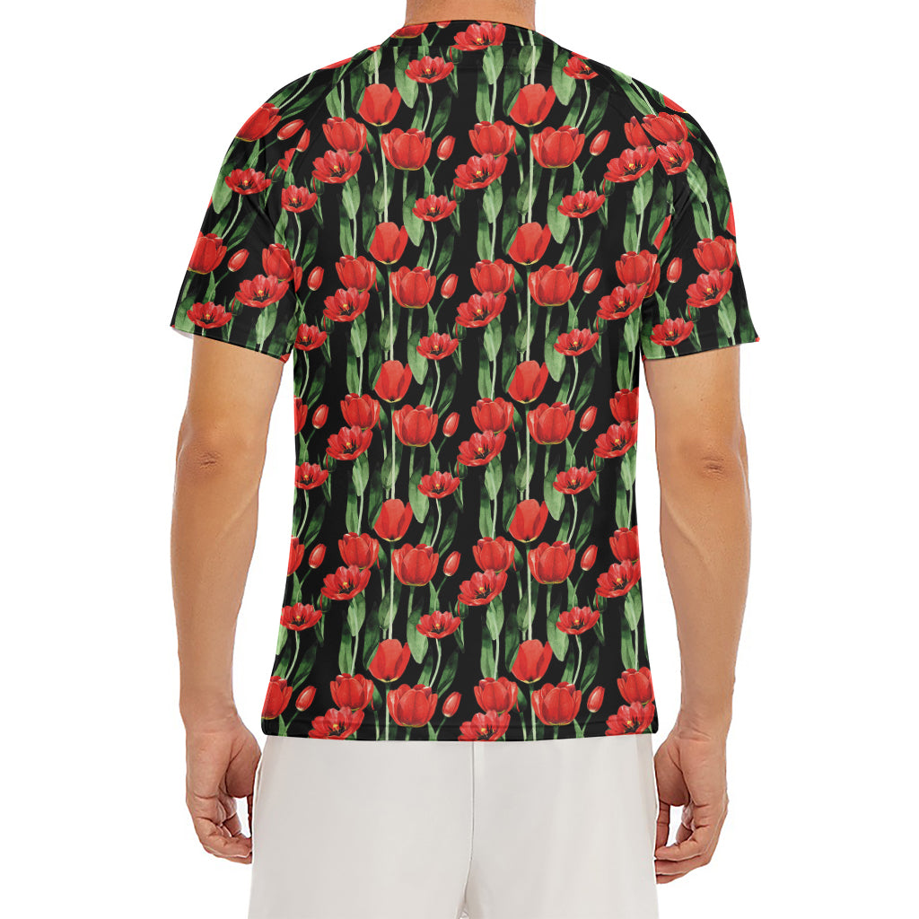 Red Watercolor Tulip Pattern Print Men's Short Sleeve Rash Guard