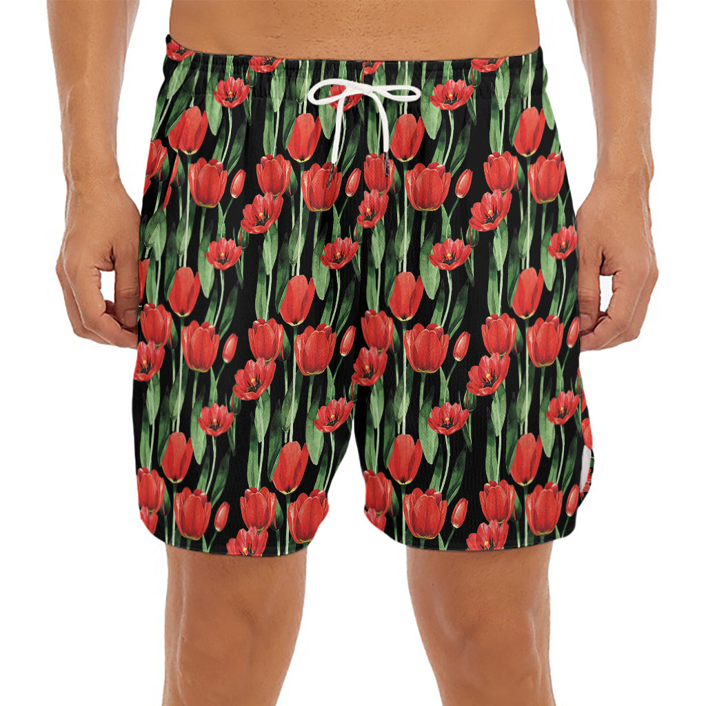 Red Watercolor Tulip Pattern Print Men's Split Running Shorts