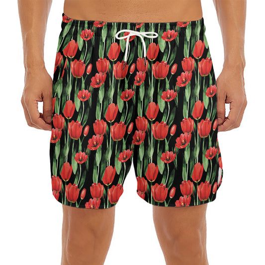 Red Watercolor Tulip Pattern Print Men's Split Running Shorts