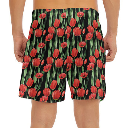 Red Watercolor Tulip Pattern Print Men's Split Running Shorts