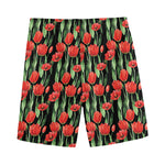 Red Watercolor Tulip Pattern Print Men's Sports Shorts