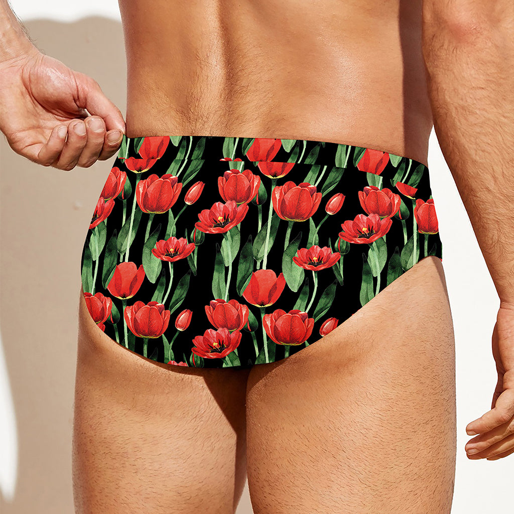 Red Watercolor Tulip Pattern Print Men's Swim Briefs