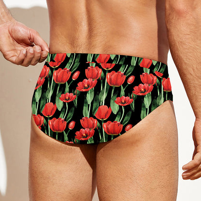 Red Watercolor Tulip Pattern Print Men's Swim Briefs