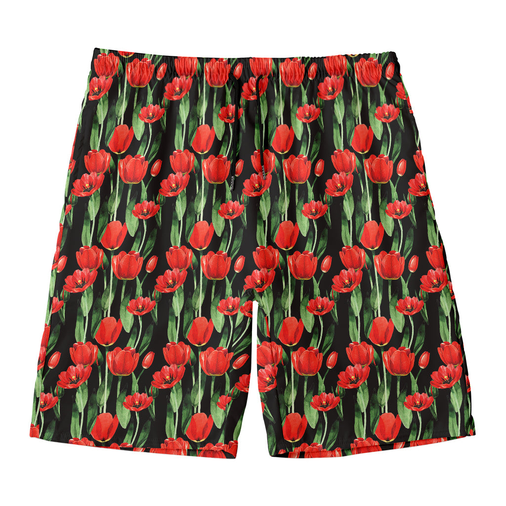 Red Watercolor Tulip Pattern Print Men's Swim Trunks