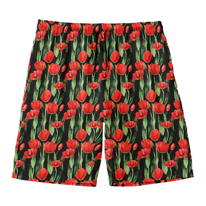 Red Watercolor Tulip Pattern Print Men's Swim Trunks