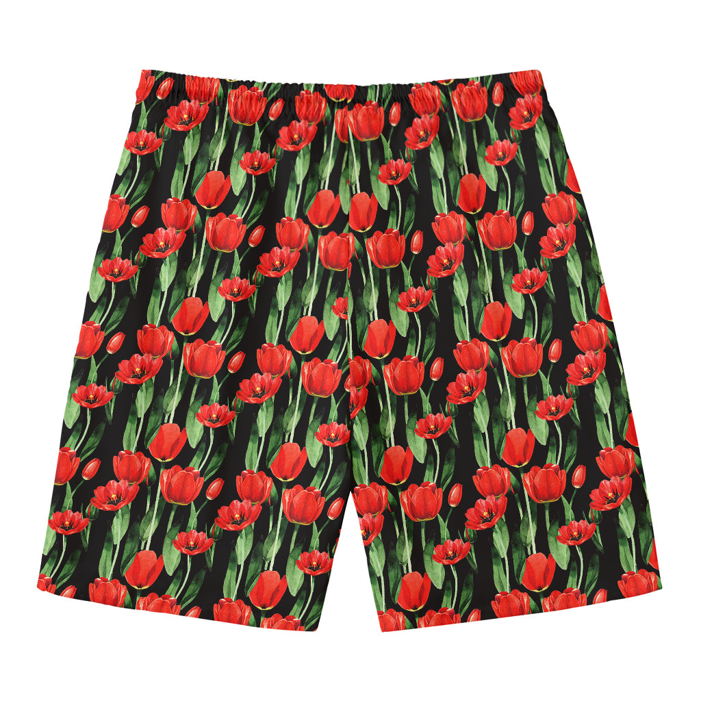 Red Watercolor Tulip Pattern Print Men's Swim Trunks