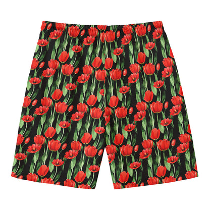 Red Watercolor Tulip Pattern Print Men's Swim Trunks