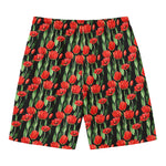 Red Watercolor Tulip Pattern Print Men's Swim Trunks