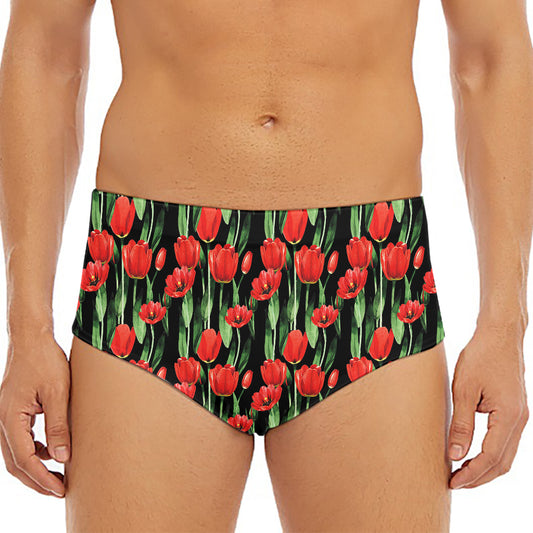 Red Watercolor Tulip Pattern Print Men's Triangle Swim Briefs