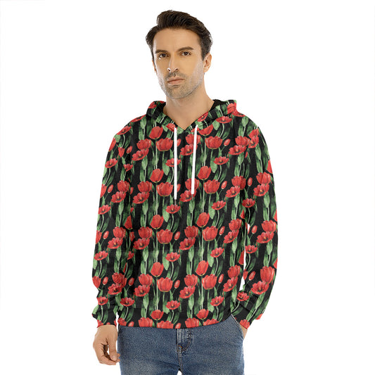Red Watercolor Tulip Pattern Print Men's Velvet Pullover Hoodie