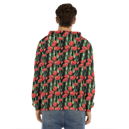 Red Watercolor Tulip Pattern Print Men's Velvet Pullover Hoodie