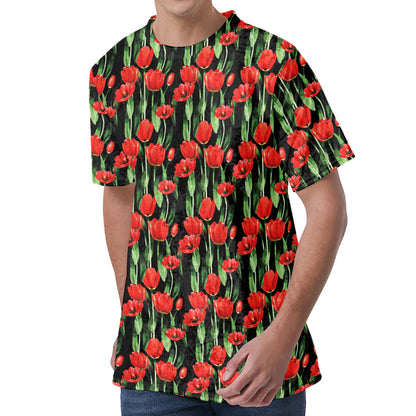 Red Watercolor Tulip Pattern Print Men's Velvet T-Shirt