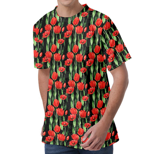 Red Watercolor Tulip Pattern Print Men's Velvet T-Shirt