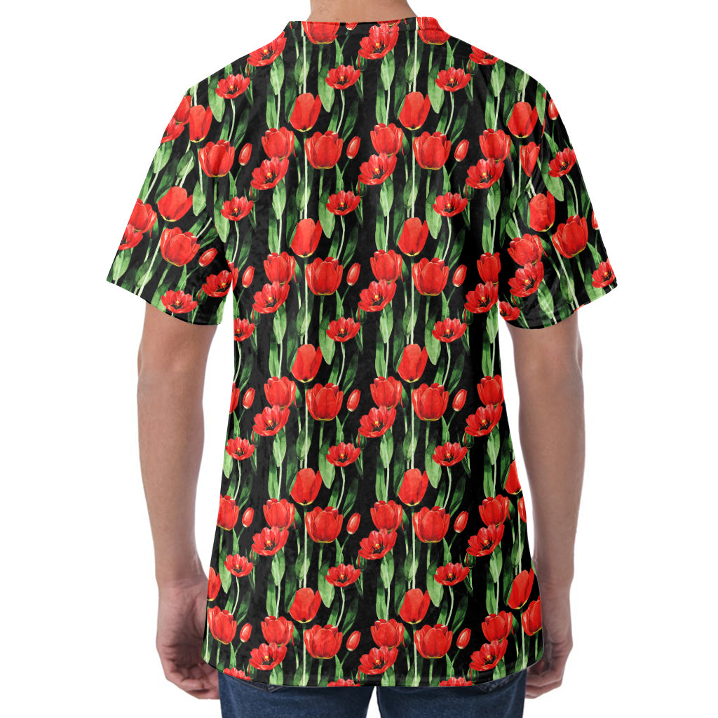 Red Watercolor Tulip Pattern Print Men's Velvet T-Shirt