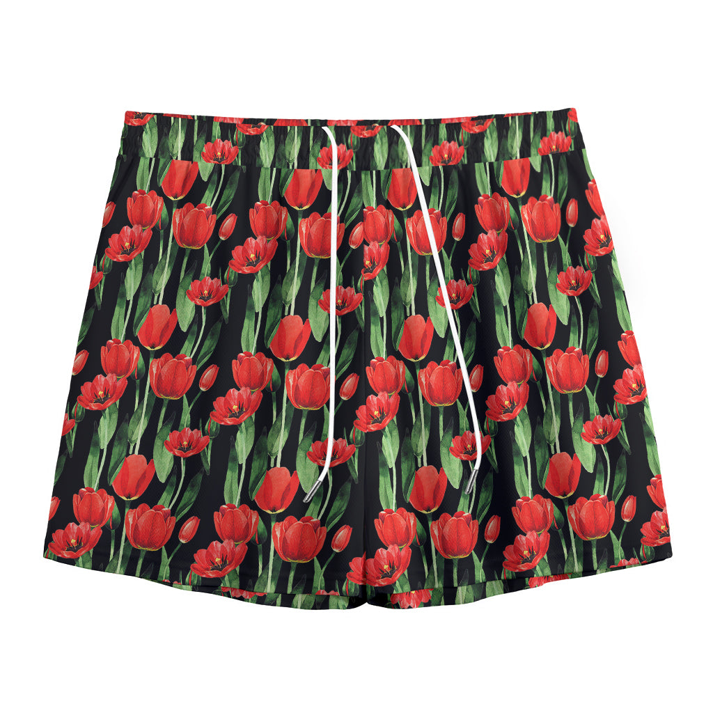 Red Watercolor Tulip Pattern Print Mesh Shorts