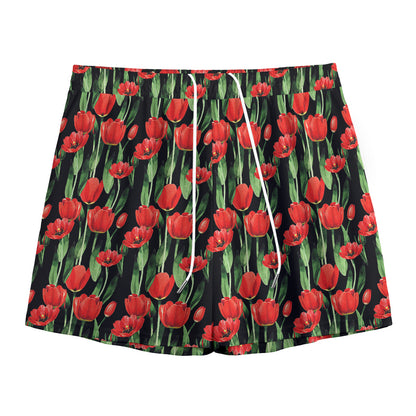 Red Watercolor Tulip Pattern Print Mesh Shorts
