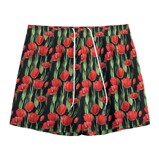 Red Watercolor Tulip Pattern Print Mesh Shorts