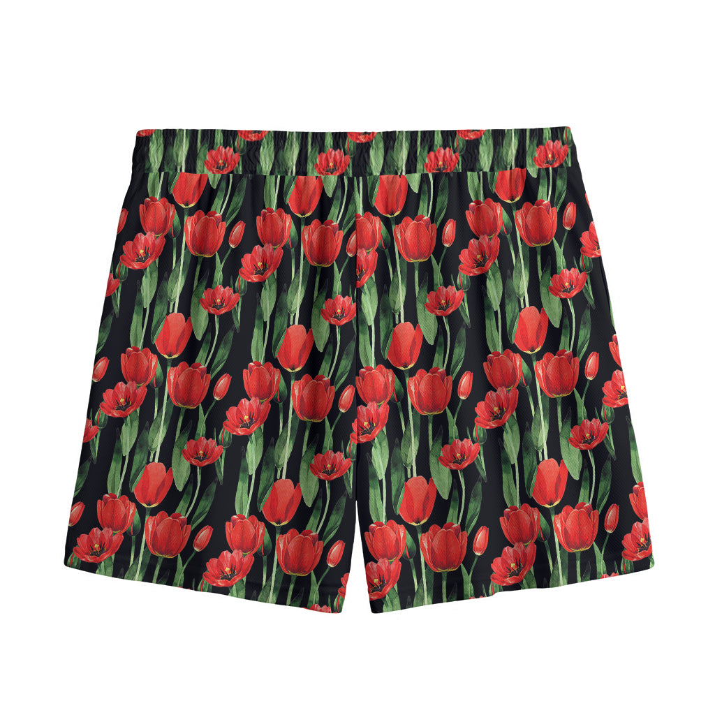 Red Watercolor Tulip Pattern Print Mesh Shorts