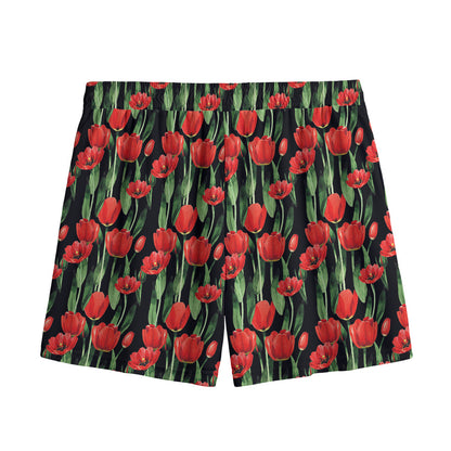 Red Watercolor Tulip Pattern Print Mesh Shorts