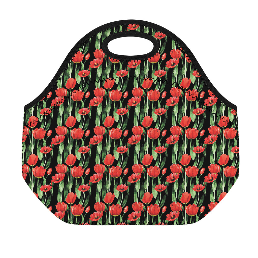Red Watercolor Tulip Pattern Print Neoprene Lunch Bag