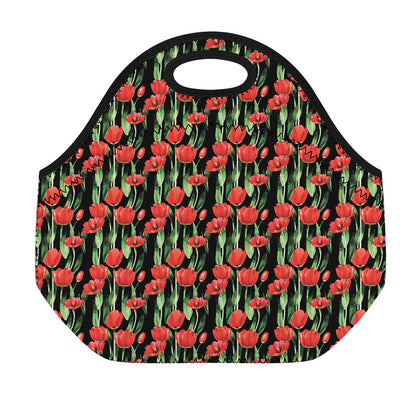 Red Watercolor Tulip Pattern Print Neoprene Lunch Bag