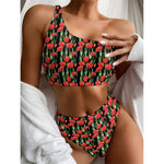 Red Watercolor Tulip Pattern Print One Shoulder Bikini Top