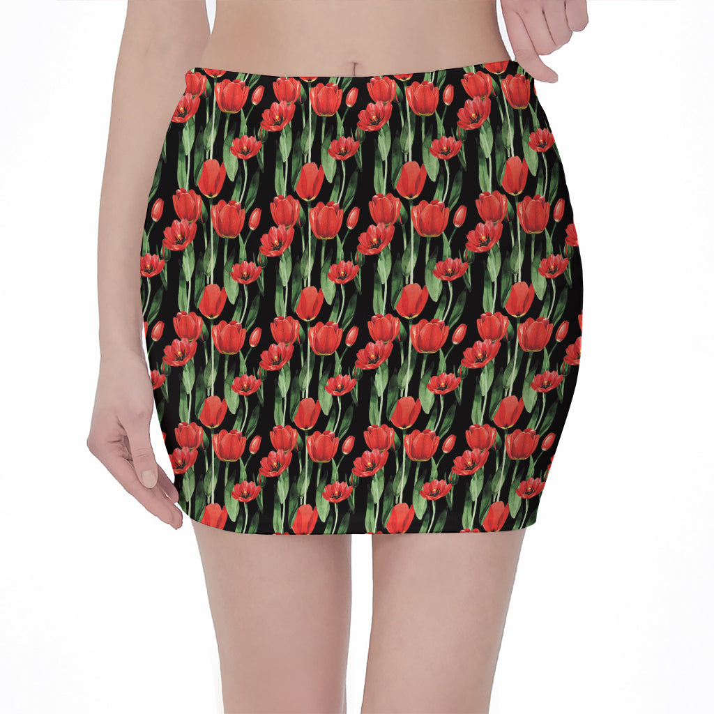 Red Watercolor Tulip Pattern Print Pencil Mini Skirt