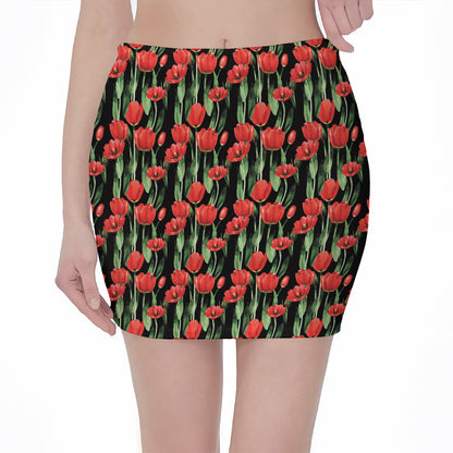 Red Watercolor Tulip Pattern Print Pencil Mini Skirt