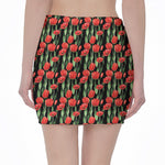 Red Watercolor Tulip Pattern Print Pencil Mini Skirt