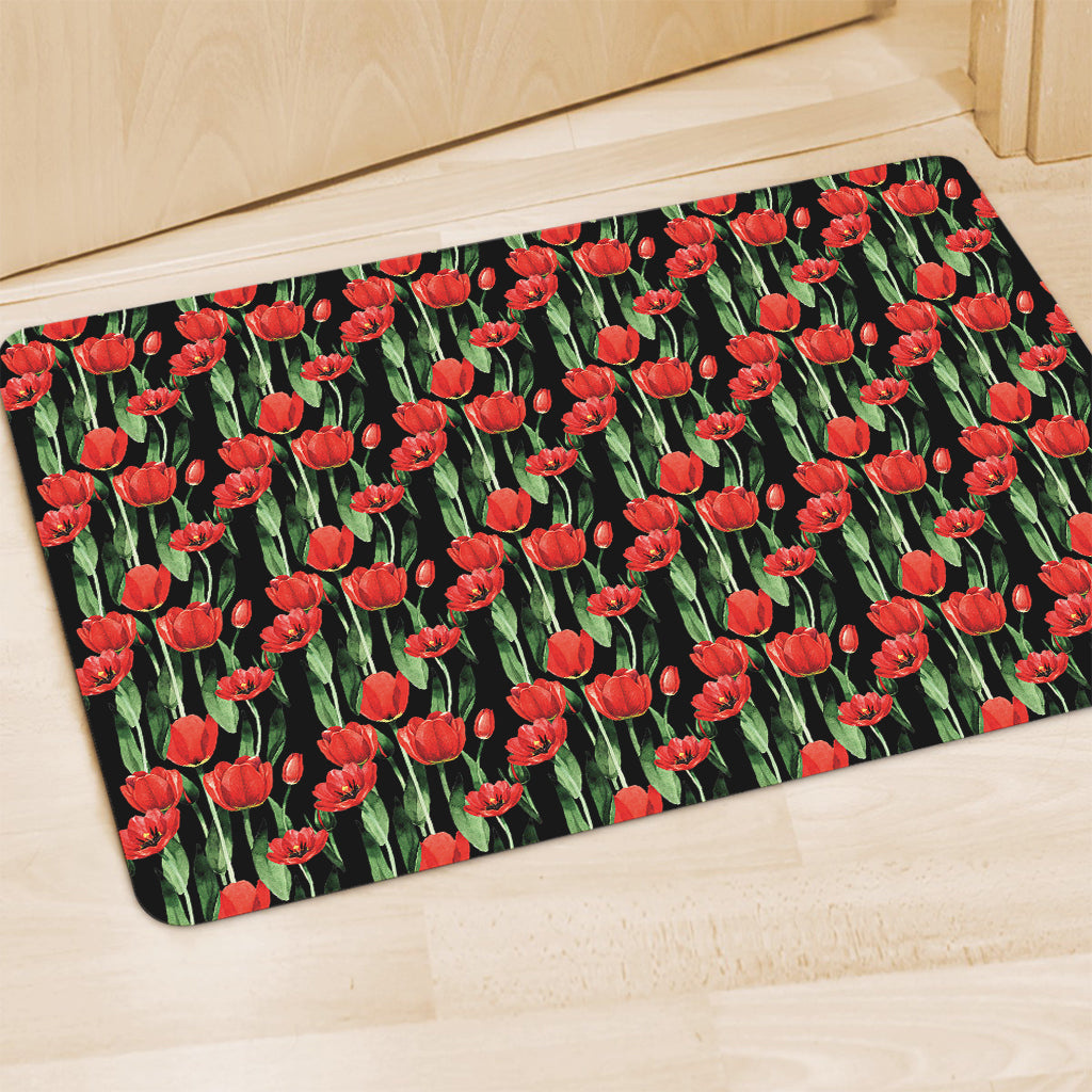 Red Watercolor Tulip Pattern Print Polyester Doormat