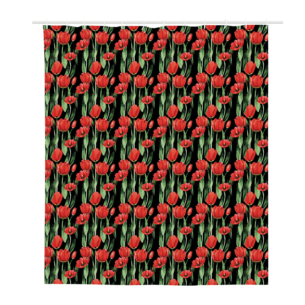 Red Watercolor Tulip Pattern Print Polyester Shower Curtain