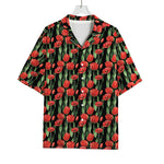 Red Watercolor Tulip Pattern Print Rayon Hawaiian Shirt