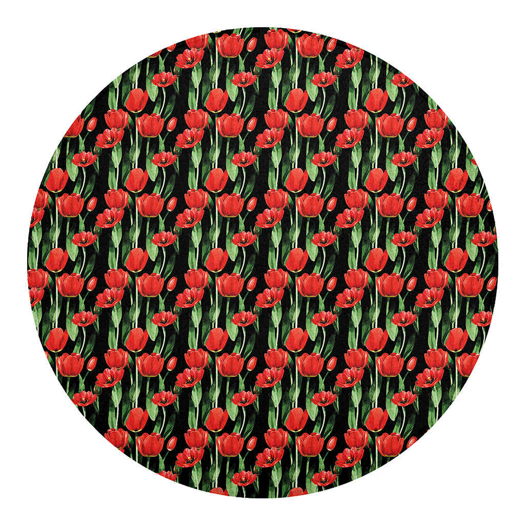 Red Watercolor Tulip Pattern Print Round Blanket