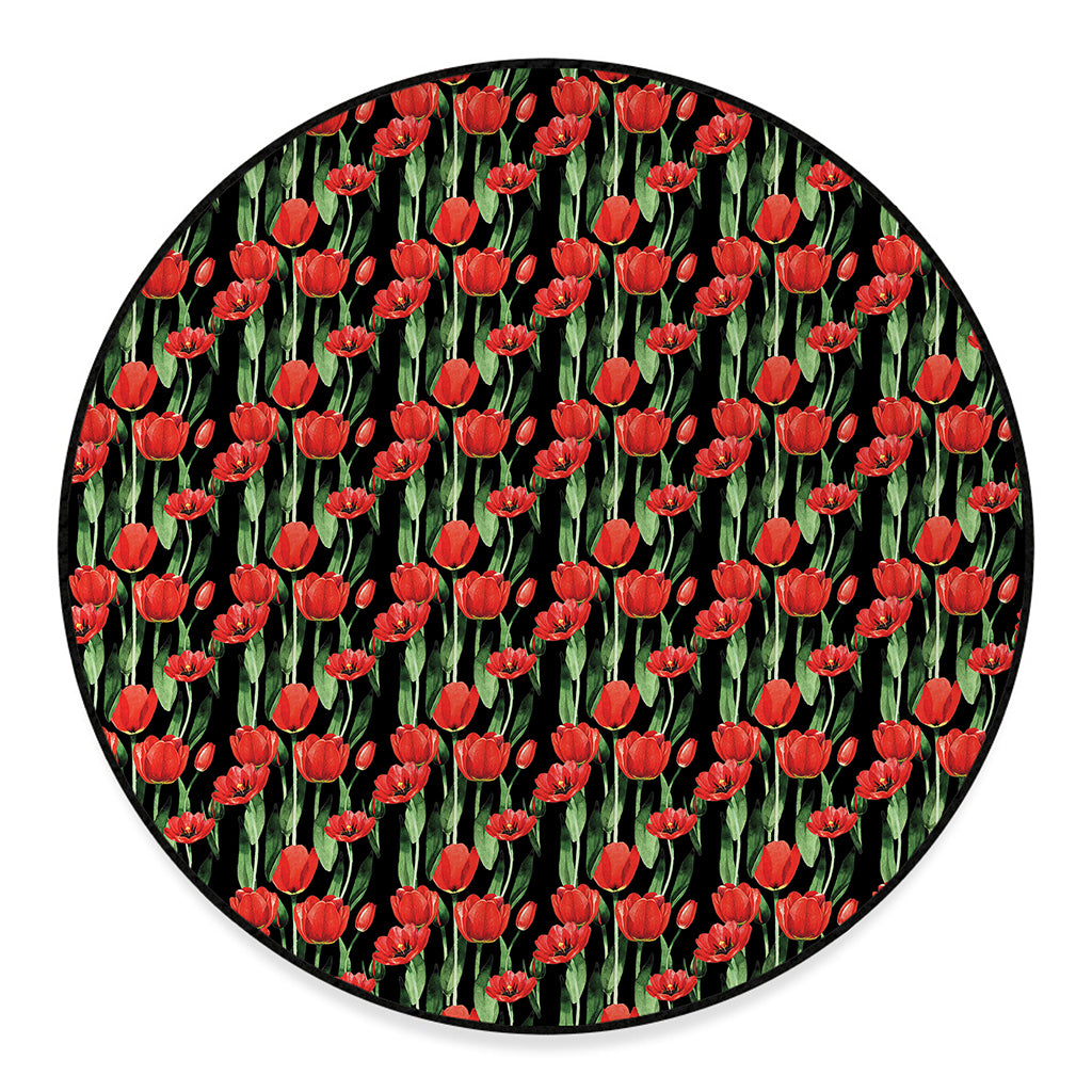 Red Watercolor Tulip Pattern Print Round Floor Mat