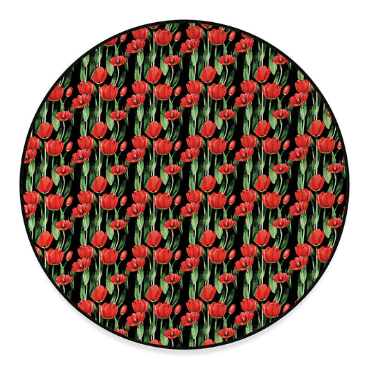 Red Watercolor Tulip Pattern Print Round Floor Mat