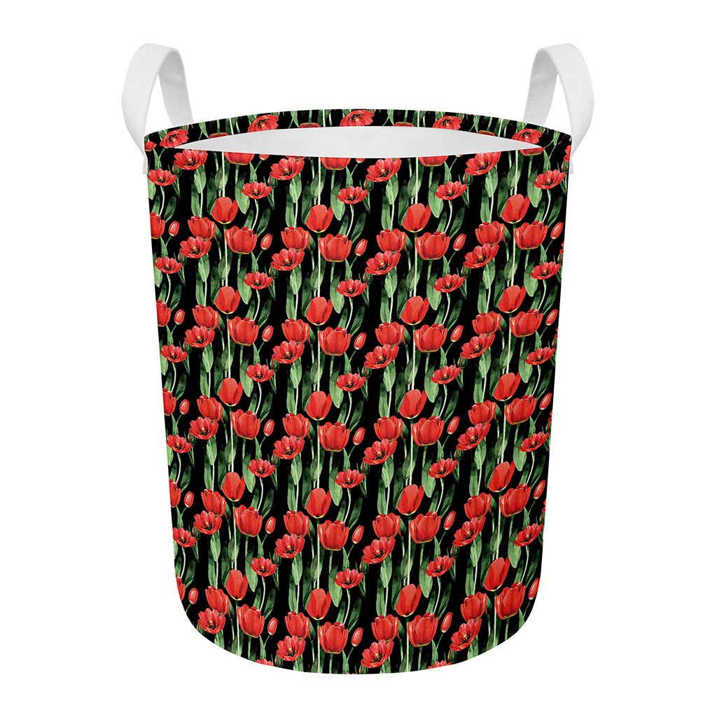 Red Watercolor Tulip Pattern Print Round Laundry Basket